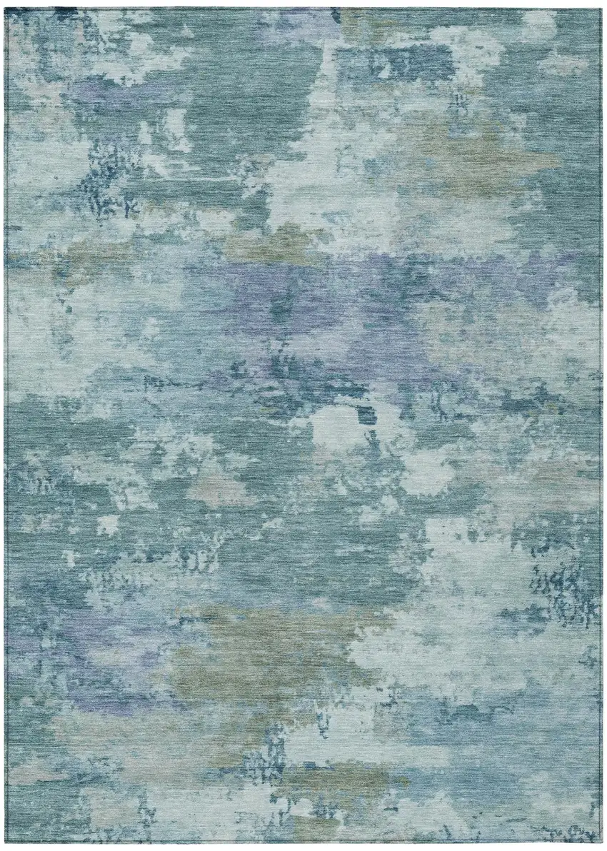Teal Blue And Silver Abstract Washable Indoor Outdoor Area Rug Photo 2
