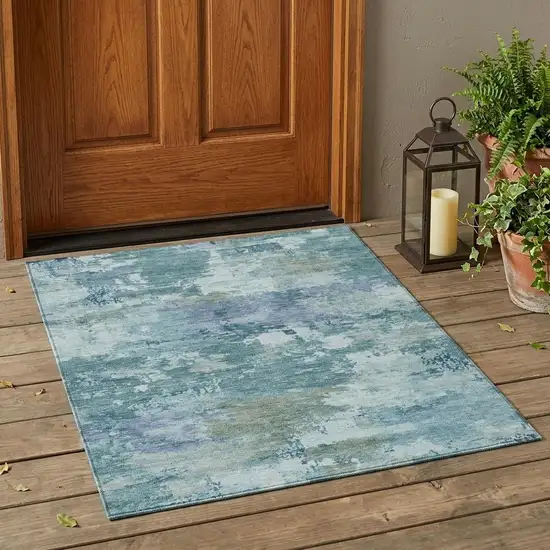 Teal Blue And Silver Abstract Washable Indoor Outdoor Area Rug Photo 1