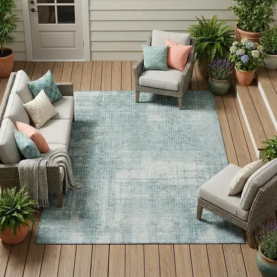 Teal Blue And Silver Abstract Washable Indoor Outdoor Area Rug Photo 1