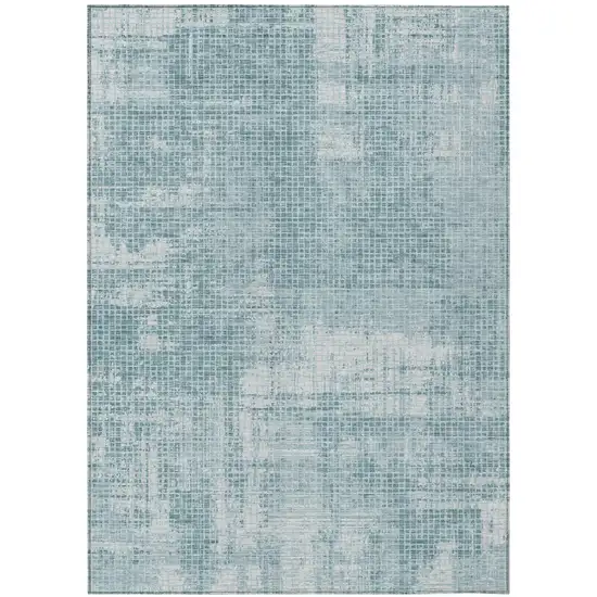 Teal Blue And Silver Abstract Washable Indoor Outdoor Area Rug Photo 2
