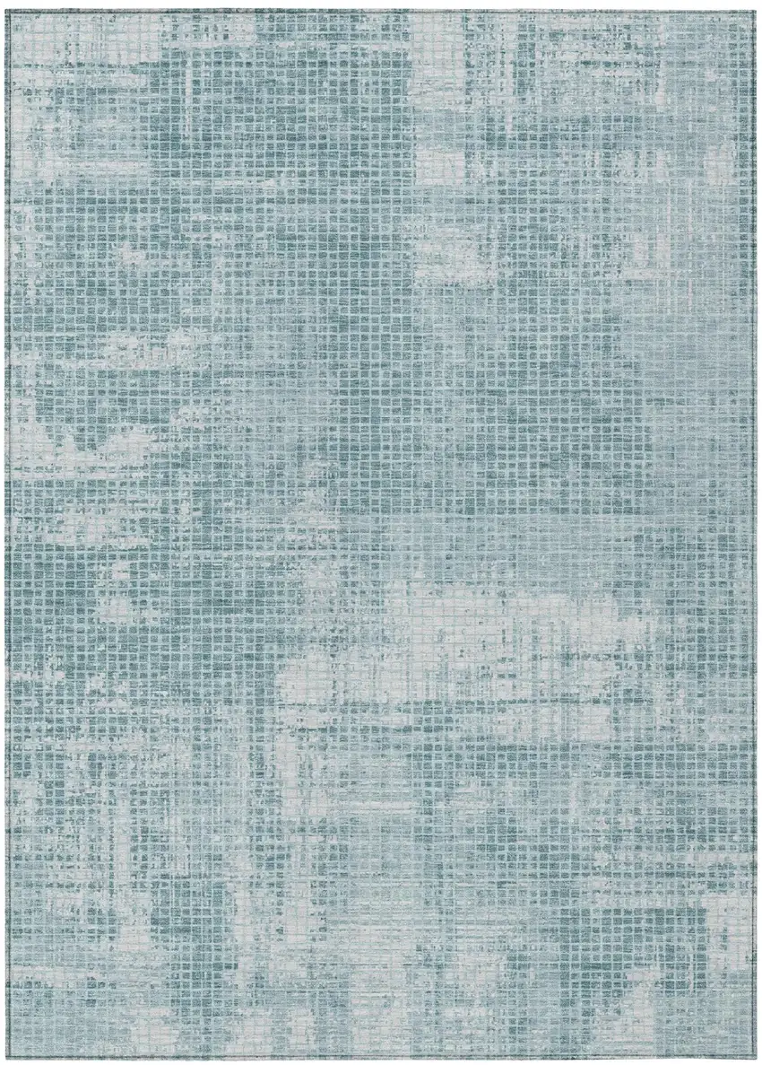 Teal Blue And Silver Abstract Washable Indoor Outdoor Area Rug Photo 2