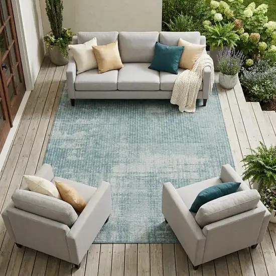 Teal Blue And Silver Abstract Washable Indoor Outdoor Area Rug Photo 1