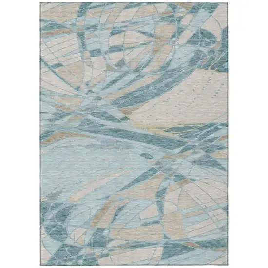 Teal Blue And Silver Abstract Washable Indoor Outdoor Area Rug Photo 2