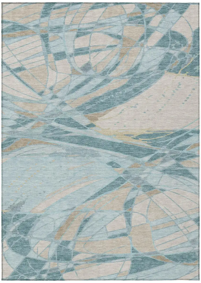 Teal Blue And Silver Abstract Washable Indoor Outdoor Area Rug Photo 2