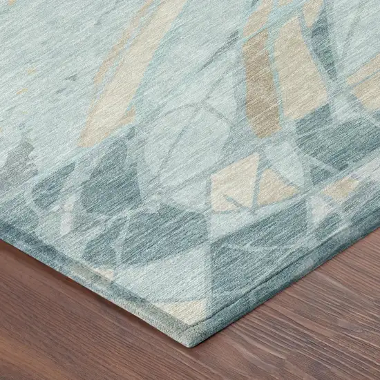 Teal Blue And Silver Abstract Washable Indoor Outdoor Area Rug Photo 3
