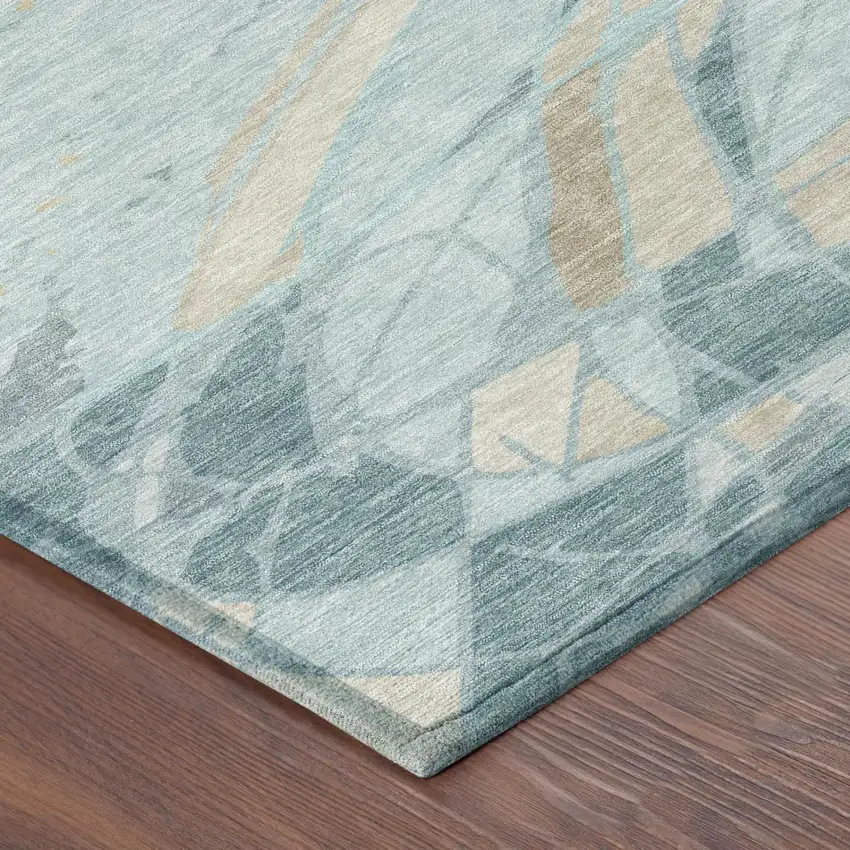 Teal Blue And Silver Abstract Washable Indoor Outdoor Area Rug Photo 3