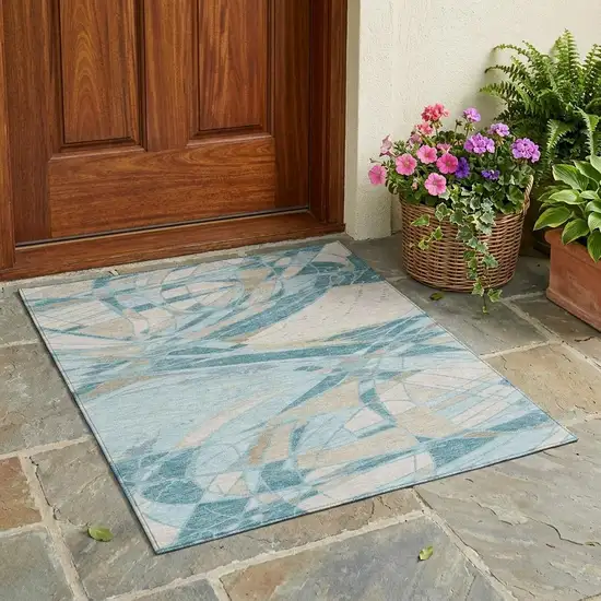 Teal Blue And Silver Abstract Washable Indoor Outdoor Area Rug Photo 1