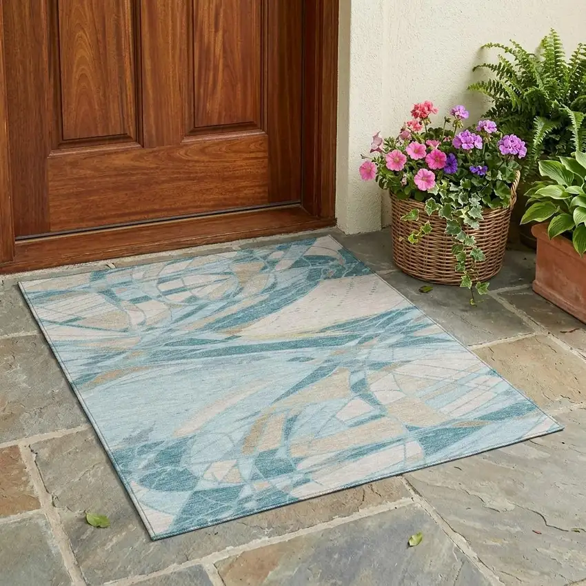 Teal Blue And Silver Abstract Washable Indoor Outdoor Area Rug Photo 1