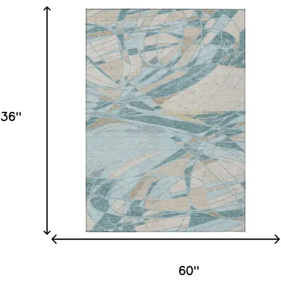 Teal Blue And Silver Abstract Washable Indoor Outdoor Area Rug Photo 5