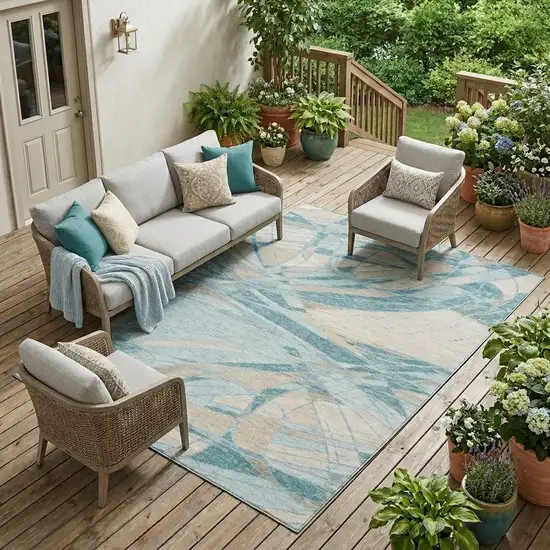 Teal Blue And Silver Abstract Washable Indoor Outdoor Area Rug Photo 1