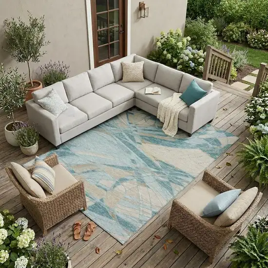 Teal Blue And Silver Abstract Washable Indoor Outdoor Area Rug Photo 1