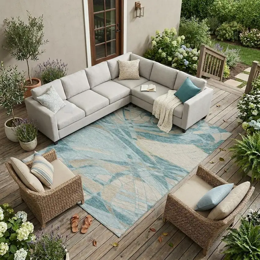 Teal Blue And Silver Abstract Washable Indoor Outdoor Area Rug Photo 1