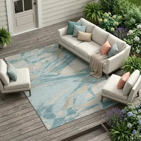 Teal Blue And Silver Abstract Washable Indoor Outdoor Area Rug Photo 1
