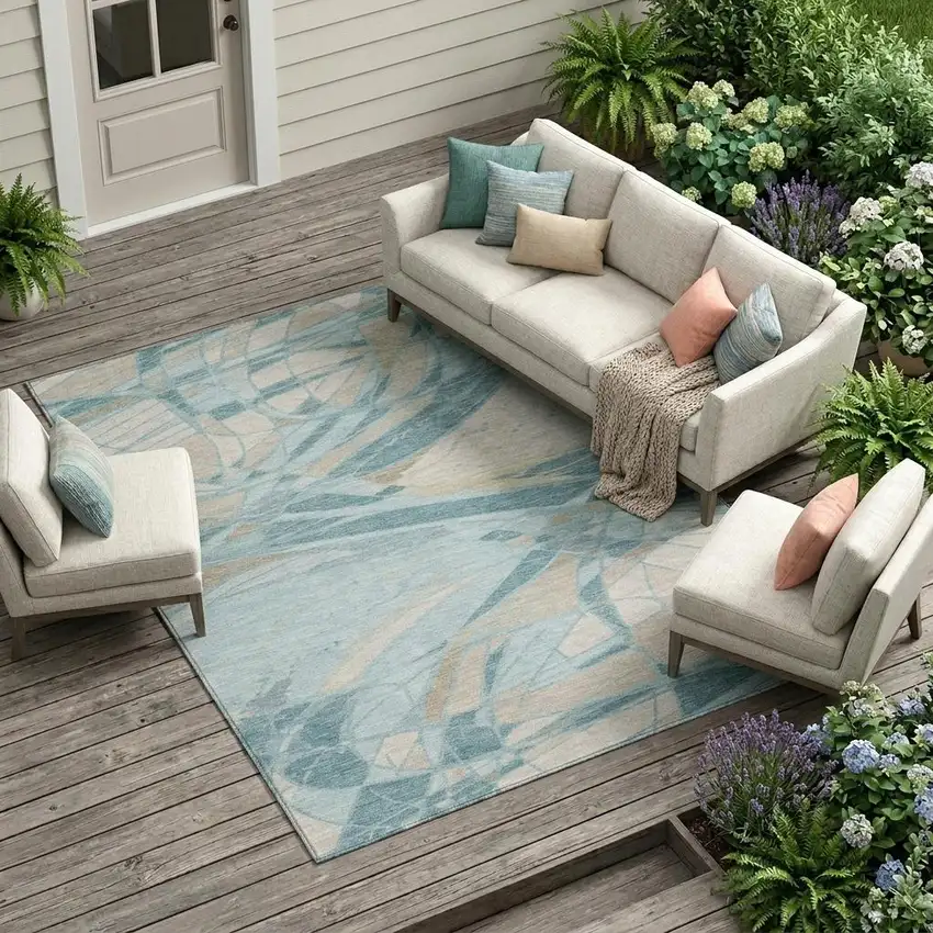 Teal Blue And Silver Abstract Washable Indoor Outdoor Area Rug Photo 1