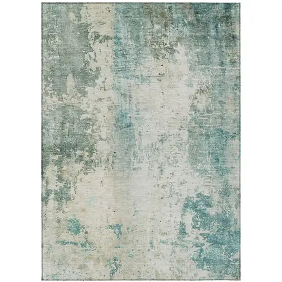 Teal Blue And Silver Abstract Washable Indoor Outdoor Area Rug Photo 1