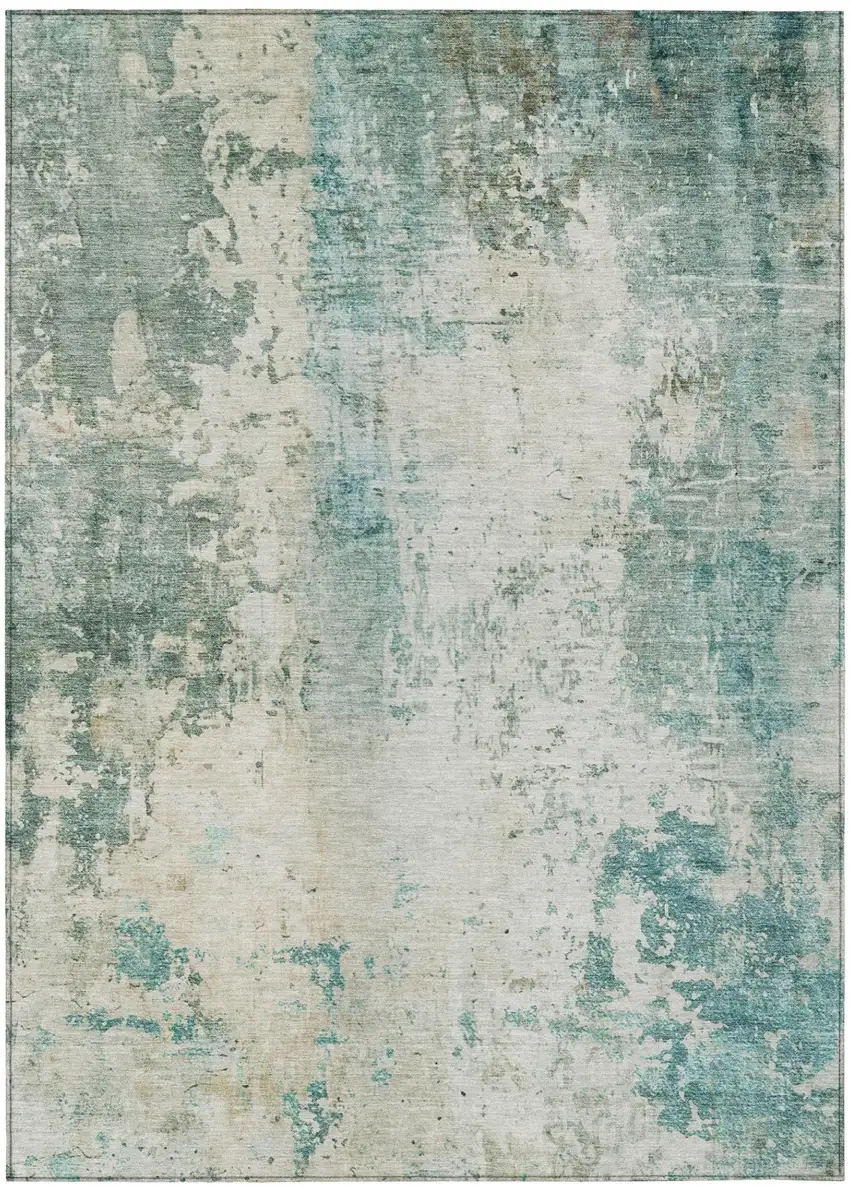 Teal Blue And Silver Abstract Washable Indoor Outdoor Area Rug Photo 1