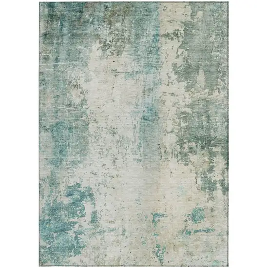 Teal Blue And Silver Abstract Washable Indoor Outdoor Area Rug Photo 2