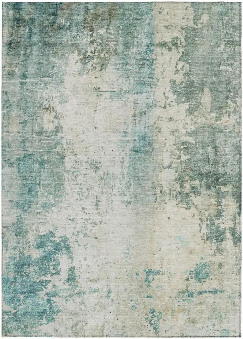 Teal Blue And Silver Abstract Washable Indoor Outdoor Area Rug Photo 2