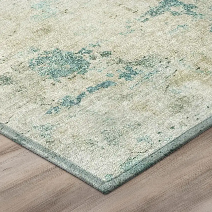 Teal Blue And Silver Abstract Washable Indoor Outdoor Area Rug Photo 8