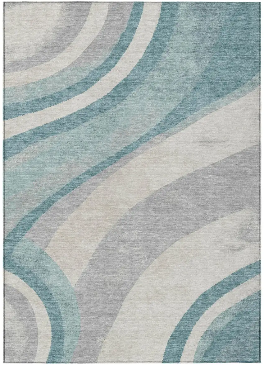 Teal Blue And Silver Abstract Washable Indoor Outdoor Area Rug Photo 1