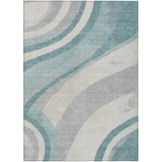 Teal Blue And Silver Abstract Washable Indoor Outdoor Area Rug Photo 1