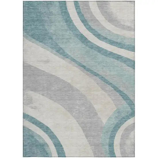 Teal Blue And Silver Abstract Washable Indoor Outdoor Area Rug Photo 2