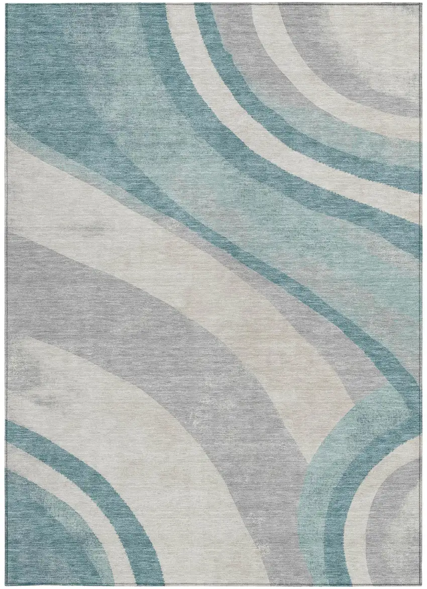 Teal Blue And Silver Abstract Washable Indoor Outdoor Area Rug Photo 2