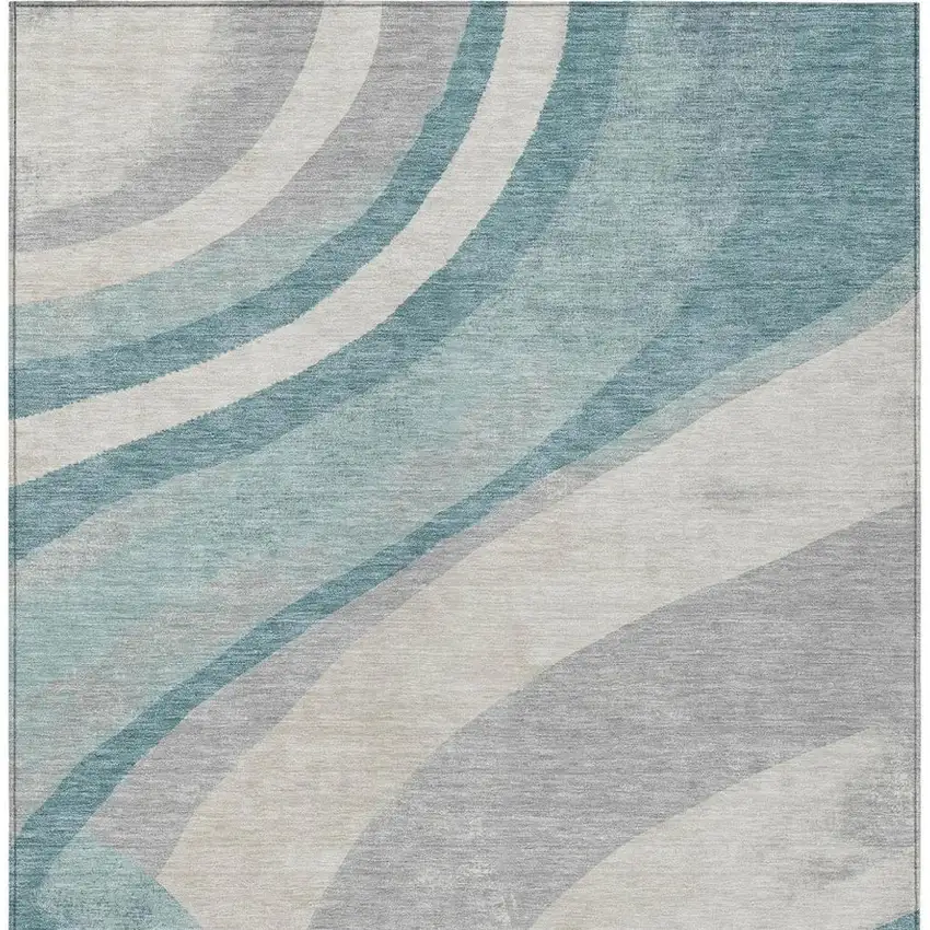 Teal Blue And Silver Abstract Washable Indoor Outdoor Area Rug Photo 3
