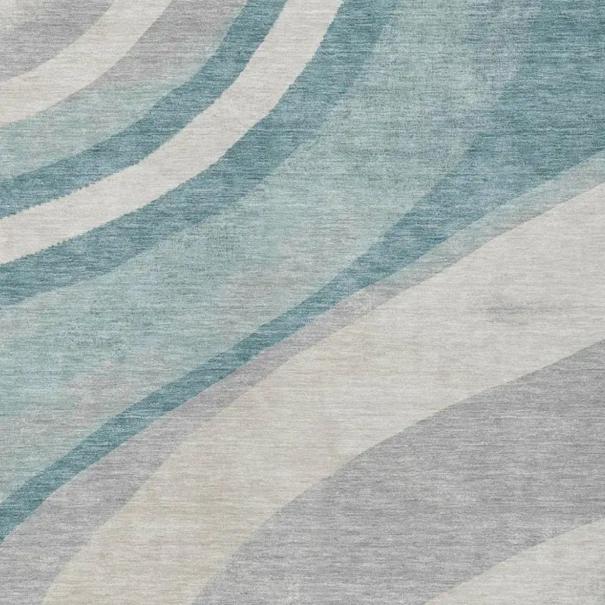 Teal Blue And Silver Abstract Washable Indoor Outdoor Area Rug Photo 2