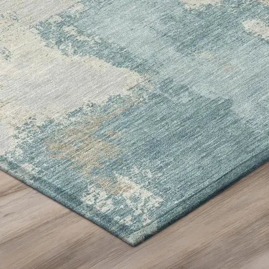 Teal Blue And Silver Abstract Washable Indoor Outdoor Area Rug Photo 4