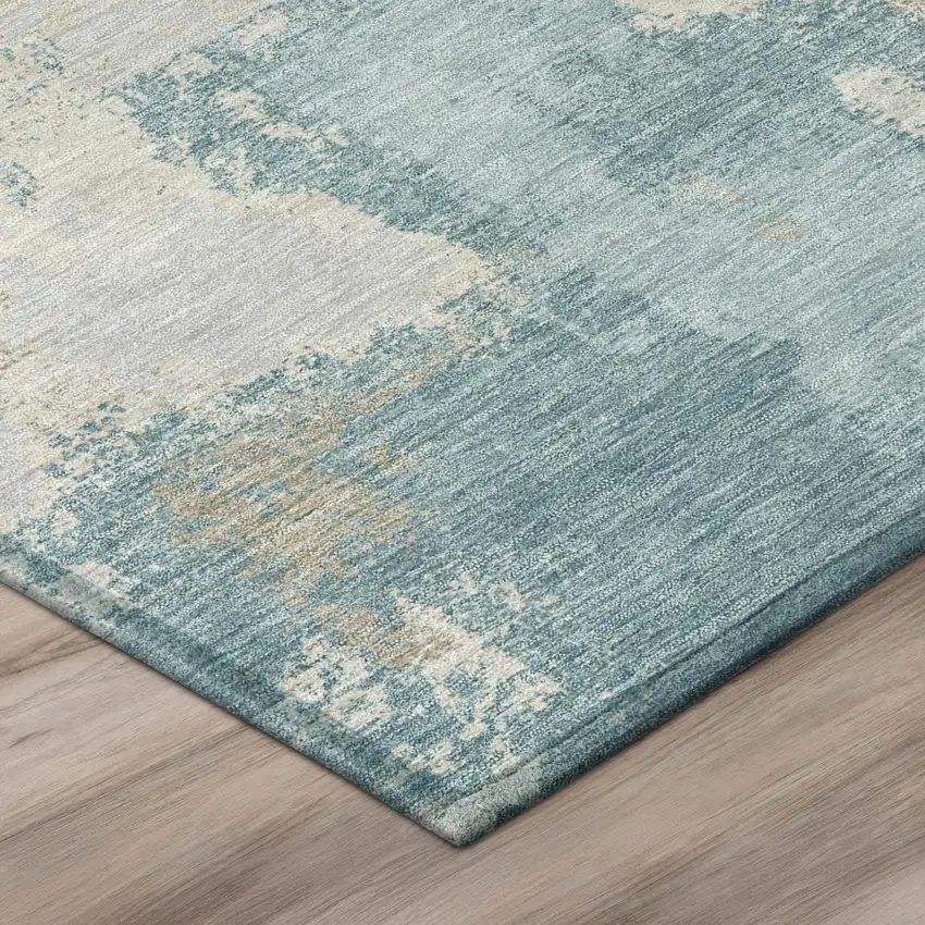 Teal Blue And Silver Abstract Washable Indoor Outdoor Area Rug Photo 4