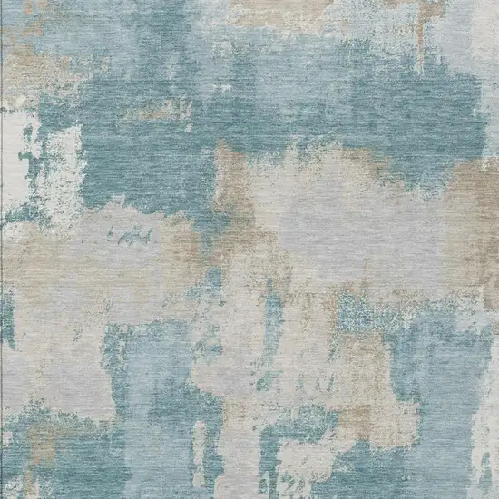 Teal Blue And Silver Abstract Washable Indoor Outdoor Area Rug Photo 2