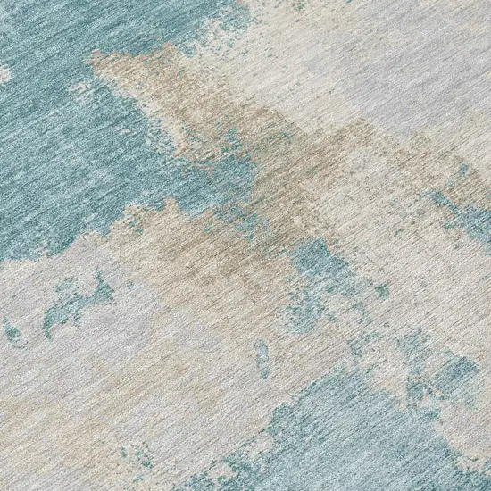 Teal Blue And Silver Abstract Washable Indoor Outdoor Area Rug Photo 5
