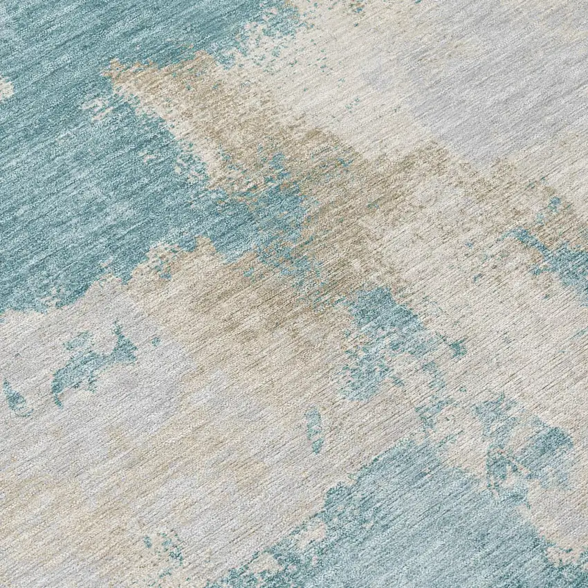 Teal Blue And Silver Abstract Washable Indoor Outdoor Area Rug Photo 5
