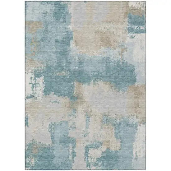 Teal Blue And Silver Abstract Washable Indoor Outdoor Area Rug Photo 1