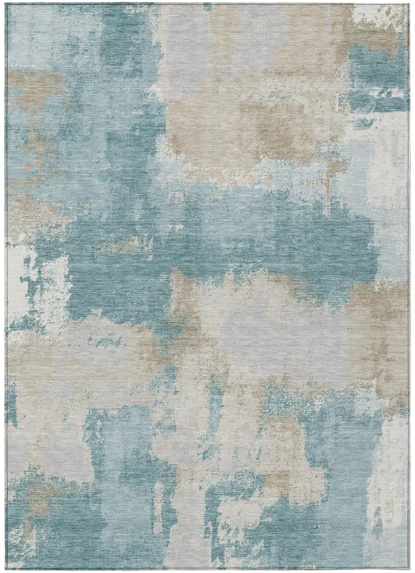 Teal Blue And Silver Abstract Washable Indoor Outdoor Area Rug Photo 1
