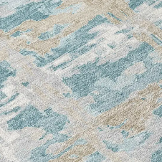 Teal Blue And Silver Abstract Washable Indoor Outdoor Area Rug Photo 5
