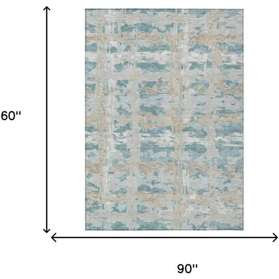 Teal Blue And Silver Abstract Washable Indoor Outdoor Area Rug Photo 6