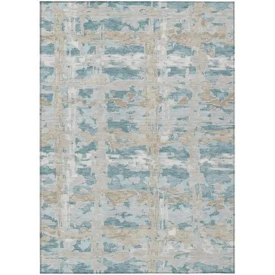 Teal Blue And Silver Abstract Washable Indoor Outdoor Area Rug Photo 1
