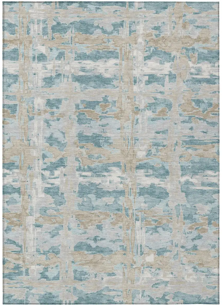 Teal Blue And Silver Abstract Washable Indoor Outdoor Area Rug Photo 1