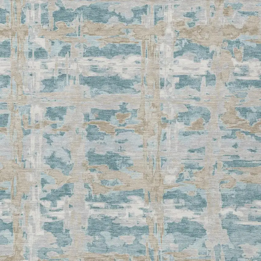 Teal Blue And Silver Abstract Washable Indoor Outdoor Area Rug Photo 2