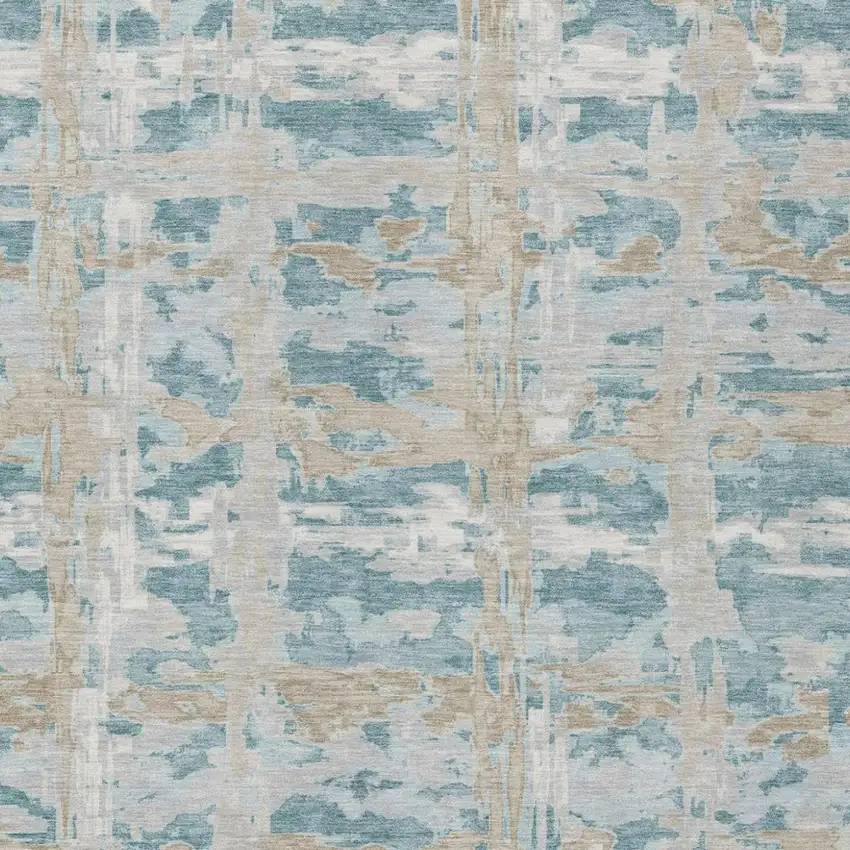 Teal Blue And Silver Abstract Washable Indoor Outdoor Area Rug Photo 3