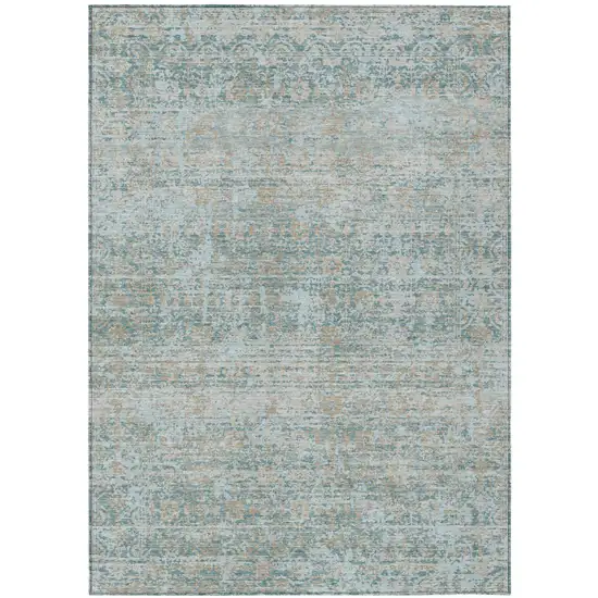 Teal Blue And Silver Abstract Washable Indoor Outdoor Area Rug Photo 1
