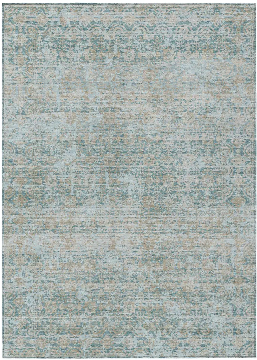 Teal Blue And Silver Abstract Washable Indoor Outdoor Area Rug Photo 1