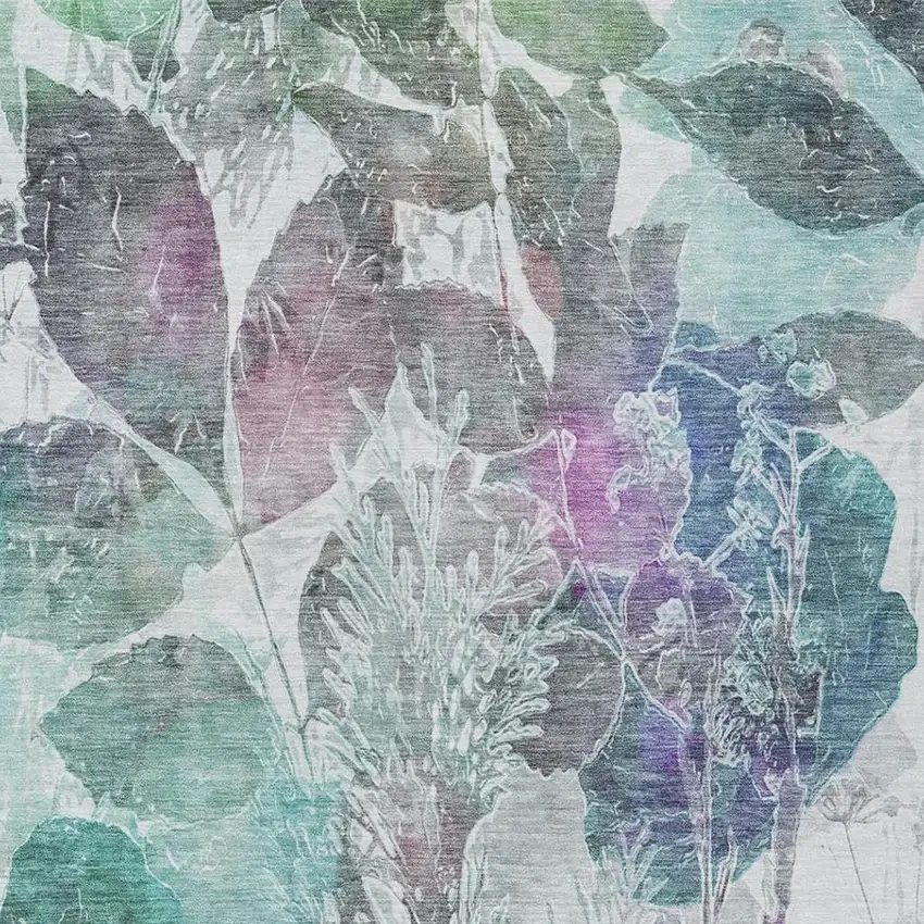 Teal Blue And Silver Botanical Leaves Washable Indoor Outdoor Area Rug Photo 6