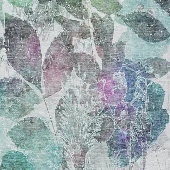 Teal Blue And Silver Botanical Leaves Washable Indoor Outdoor Area Rug Photo 6