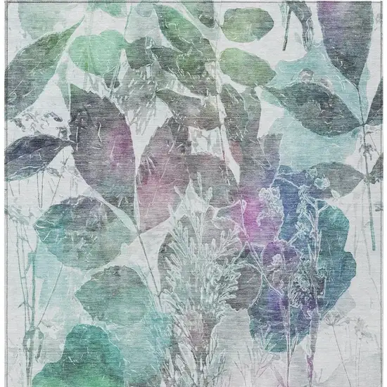 Teal Blue And Silver Botanical Leaves Washable Indoor Outdoor Area Rug Photo 7