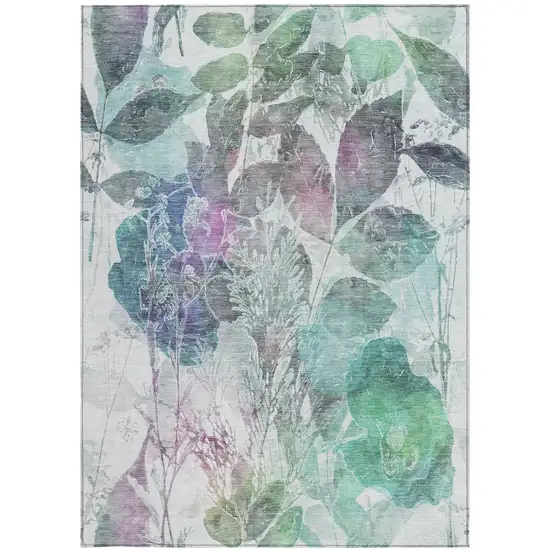 Teal Blue And Silver Botanical Leaves Washable Indoor Outdoor Area Rug Photo 2