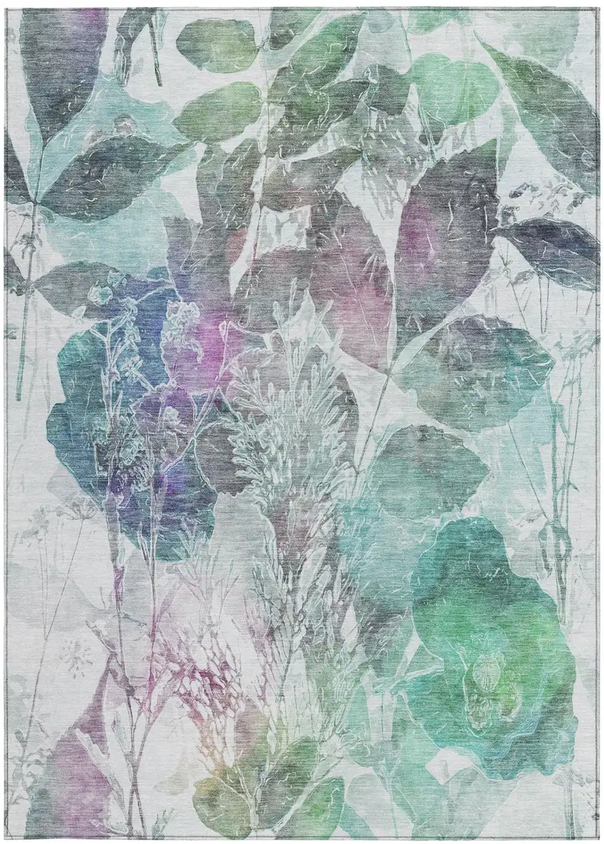 Teal Blue And Silver Botanical Leaves Washable Indoor Outdoor Area Rug Photo 2