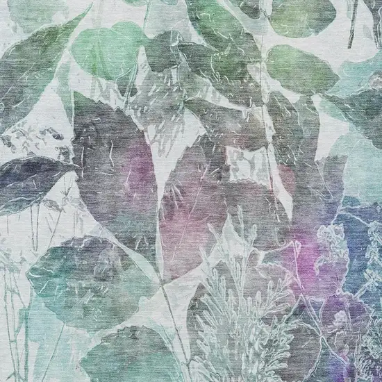 Teal Blue And Silver Botanical Leaves Washable Indoor Outdoor Area Rug Photo 9